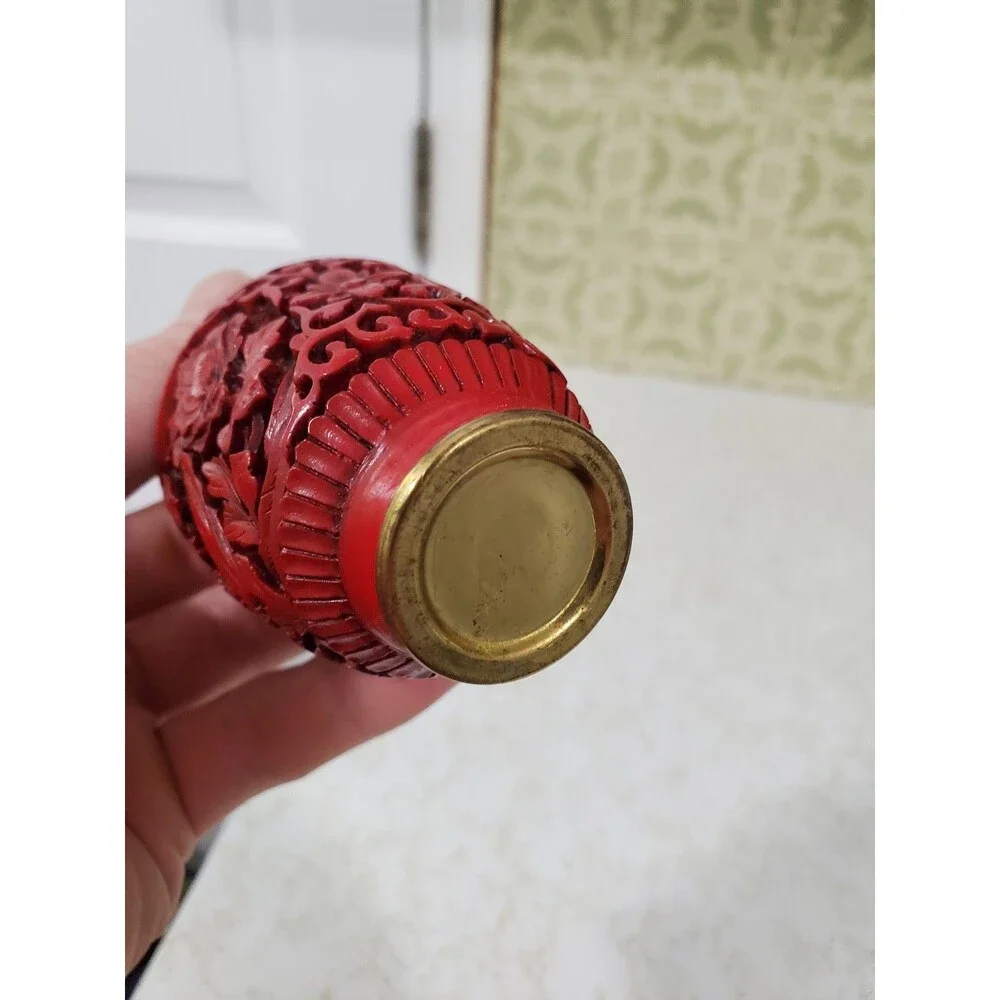 Vintage Chinese Cinnabar Vase Hand Carved Enamel Red Cinnabar Oriental